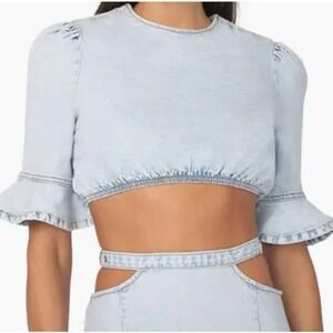 WeWoreWhat Women's Cotton Denim Crop Top Puff Sleeve Comfort Size S Indigo NWT